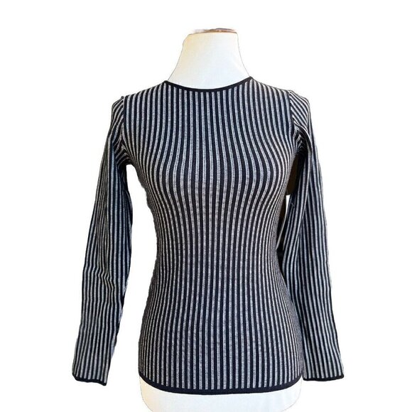 RVN Tops - RVN Womens Black Striped Ribbed Long Sleeve Stretch Knit Striped Top  Dash